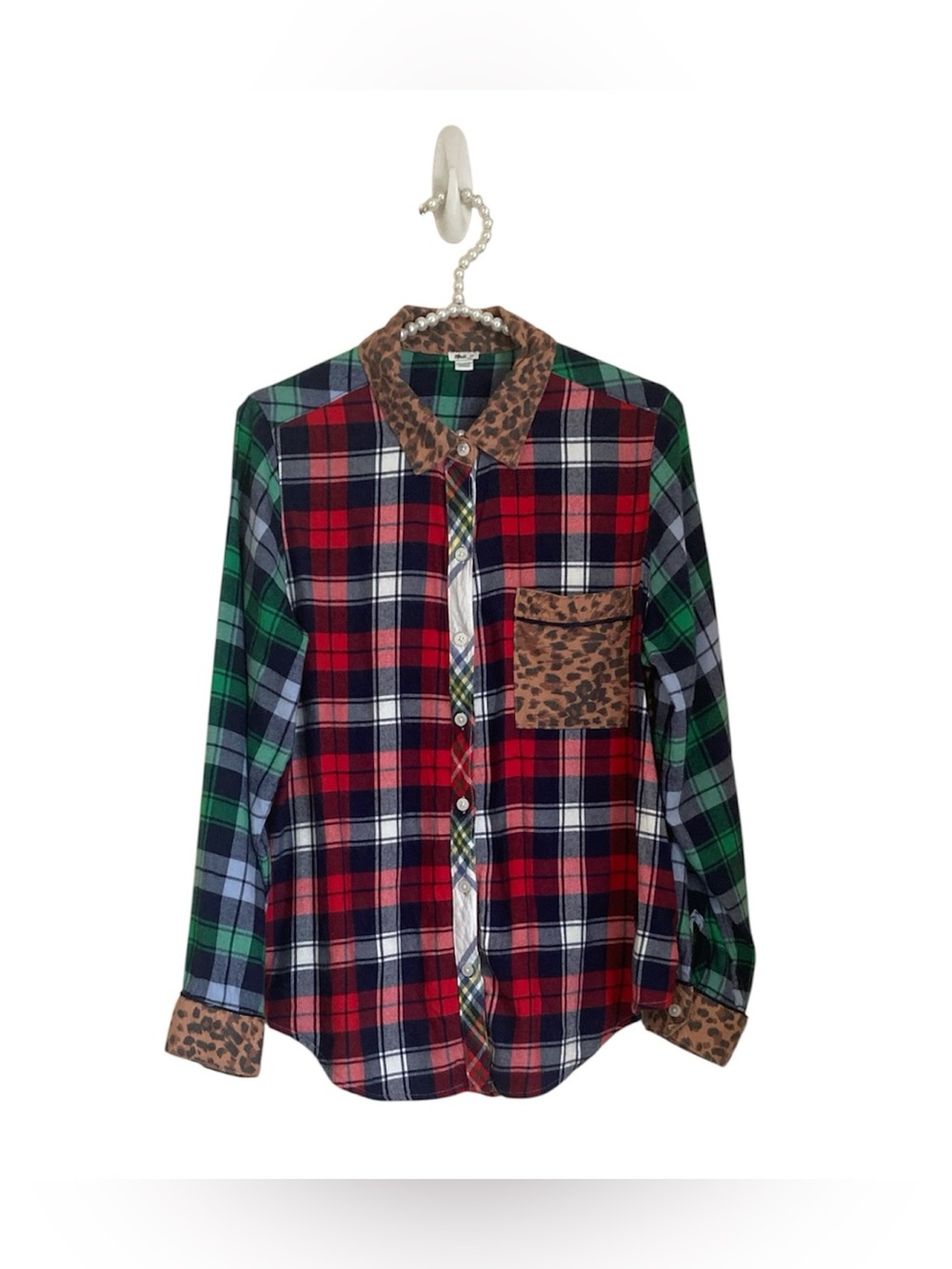 Aerie S/P Mixed Plaid Patchwork ColorBlock Leopard Print Flannel Button Up Shirt